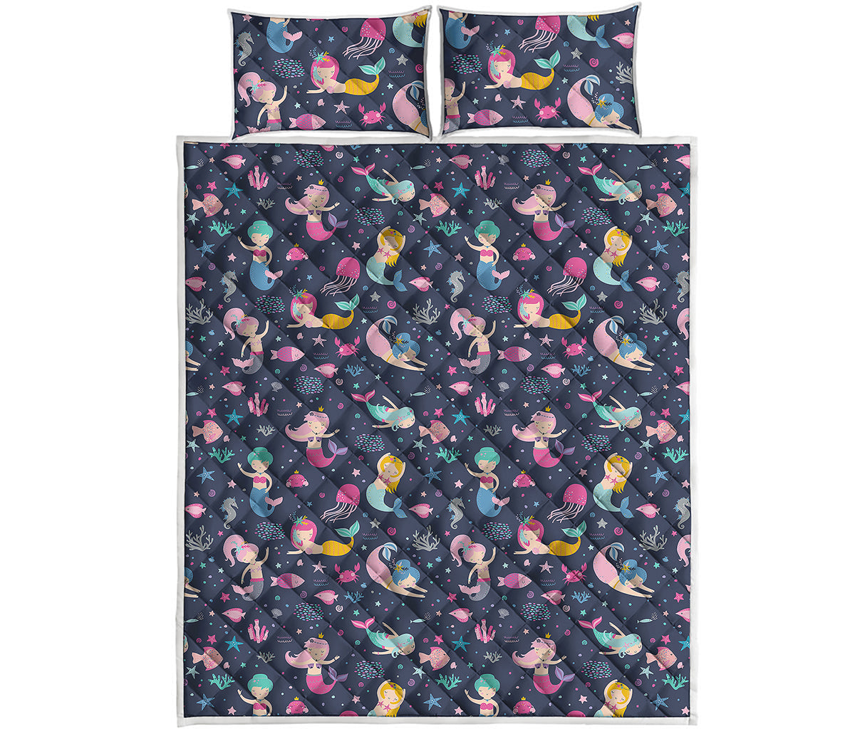 Mermaid Cartoon Pattern Print Quilt Bed Set