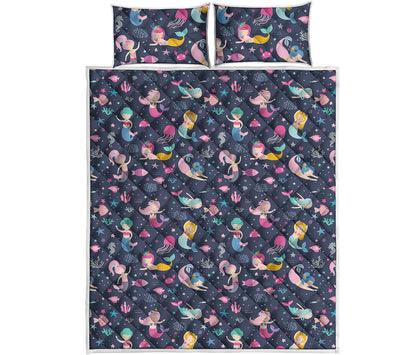 Mermaid Cartoon Pattern Print Quilt Bed Set