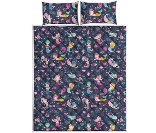 Mermaid Cartoon Pattern Print Quilt Bed Set