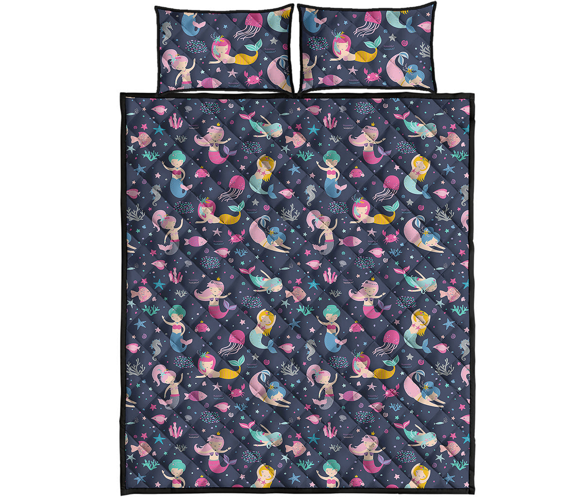 Mermaid Cartoon Pattern Print Quilt Bed Set