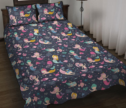 Mermaid Cartoon Pattern Print Quilt Bed Set