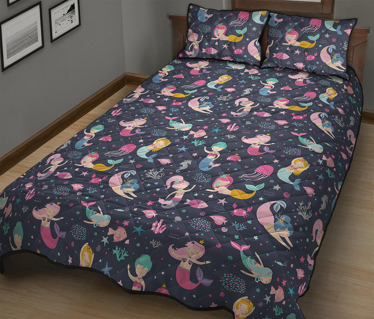 Mermaid Cartoon Pattern Print Quilt Bed Set