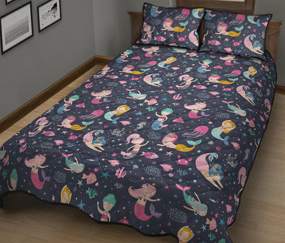 Mermaid Cartoon Pattern Print Quilt Bed Set