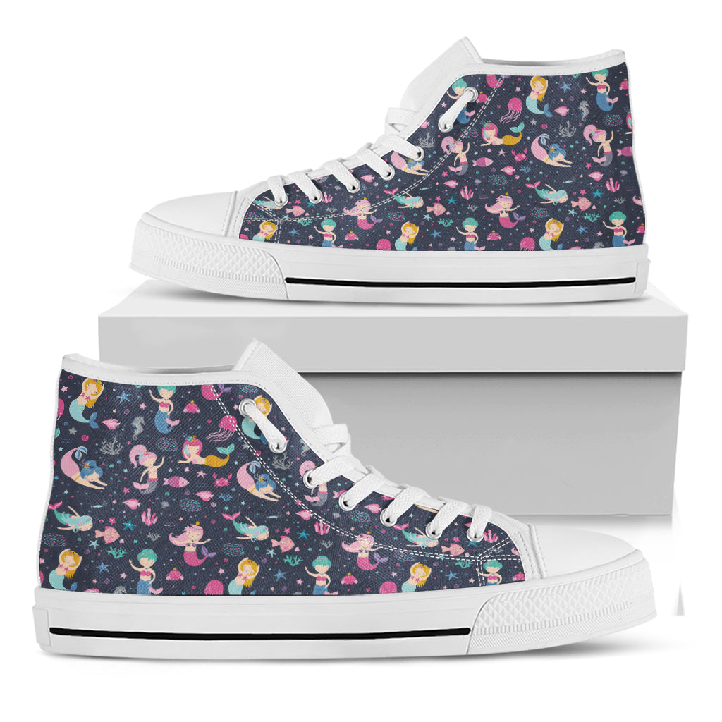 Mermaid Cartoon Pattern Print White High Top Shoes
