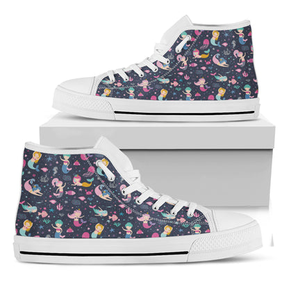 Mermaid Cartoon Pattern Print White High Top Shoes