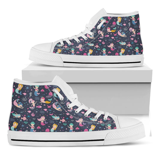 Mermaid Cartoon Pattern Print White High Top Shoes