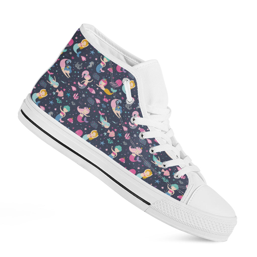 Mermaid Cartoon Pattern Print White High Top Shoes