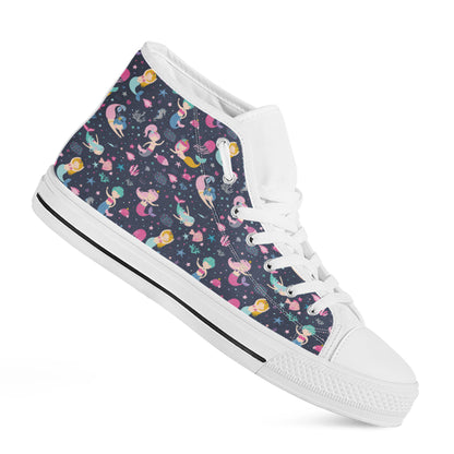 Mermaid Cartoon Pattern Print White High Top Shoes