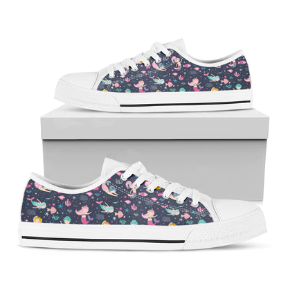 Mermaid Cartoon Pattern Print White Low Top Shoes
