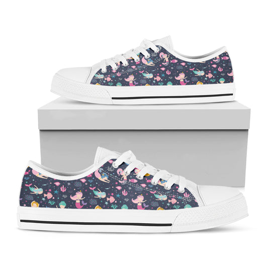 Mermaid Cartoon Pattern Print White Low Top Shoes