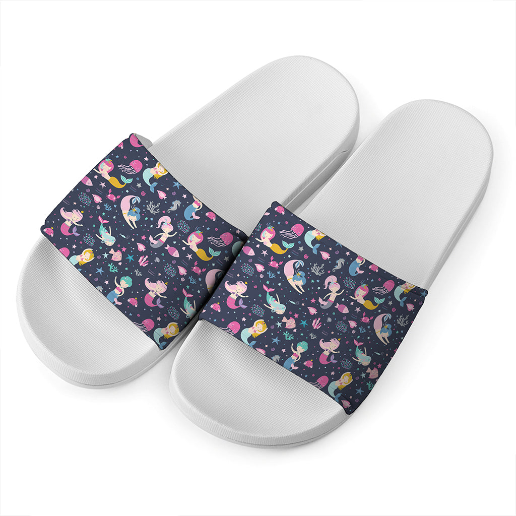 Mermaid Cartoon Pattern Print White Slide Sandals