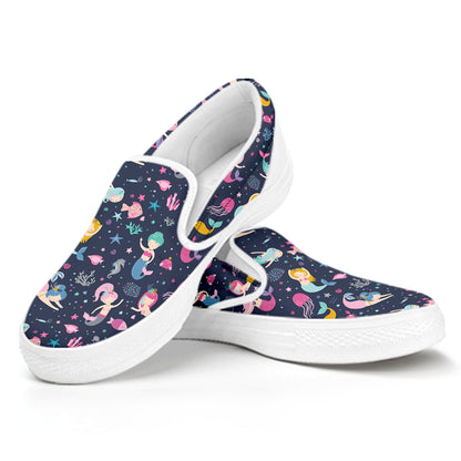 Mermaid Cartoon Pattern Print White Slip On Shoes