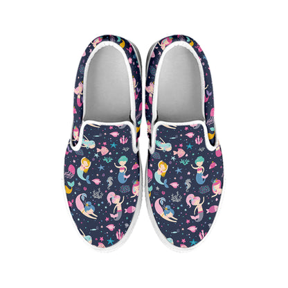 Mermaid Cartoon Pattern Print White Slip On Shoes