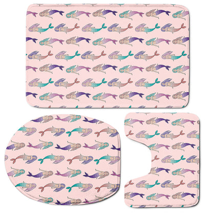Mermaid Girls Pattern Print 3 Piece Bath Mat Set
