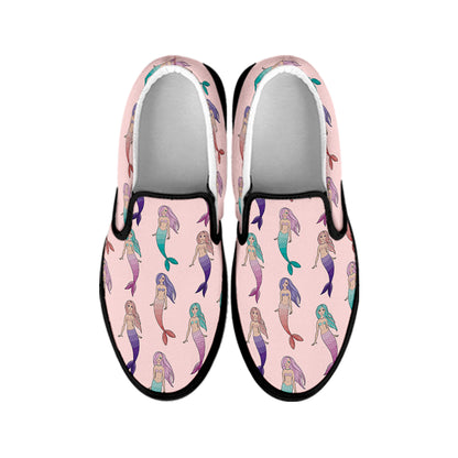Mermaid Girls Pattern Print Black Slip On Shoes