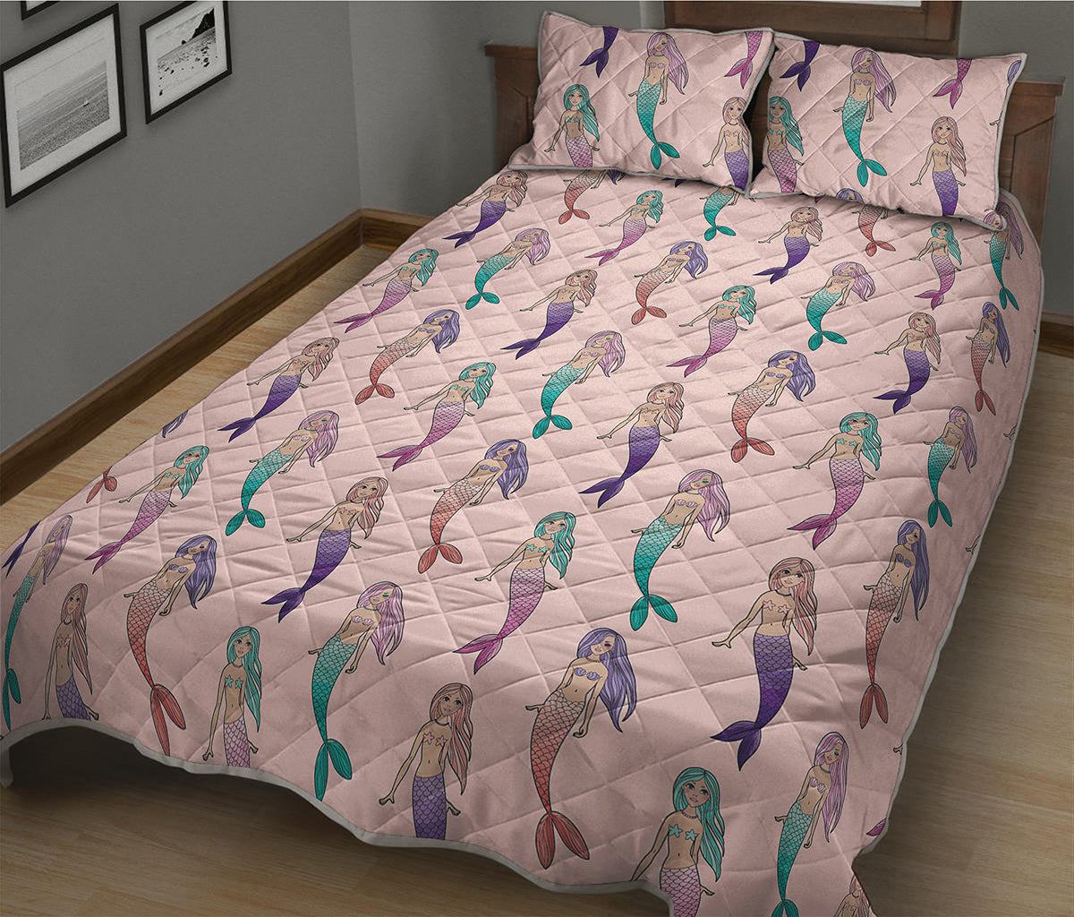Mermaid Girls Pattern Print Quilt Bed Set