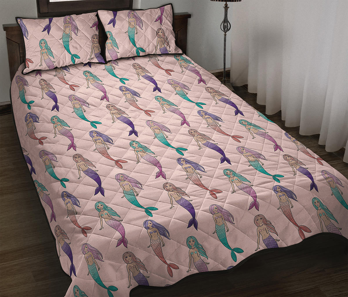 Mermaid Girls Pattern Print Quilt Bed Set