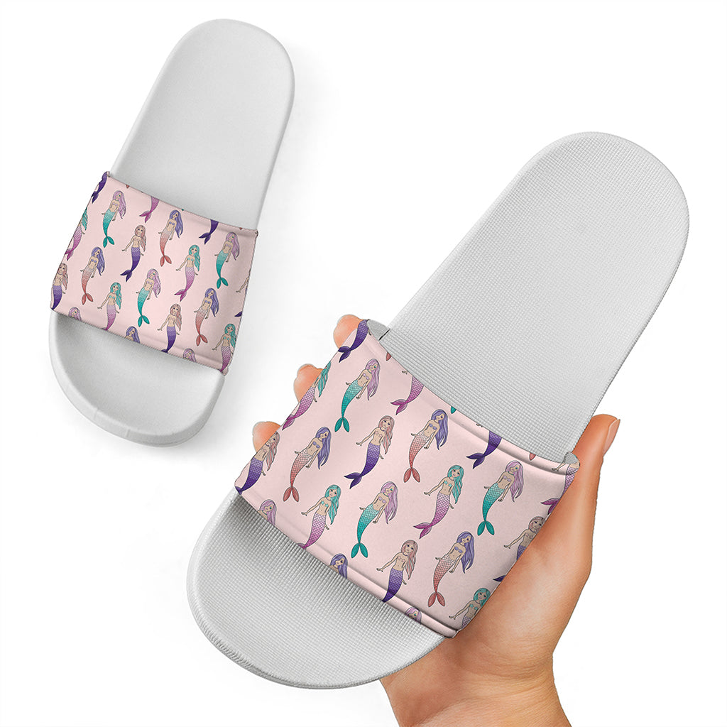 Mermaid Girls Pattern Print White Slide Sandals