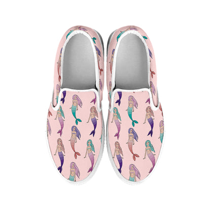 Mermaid Girls Pattern Print White Slip On Shoes