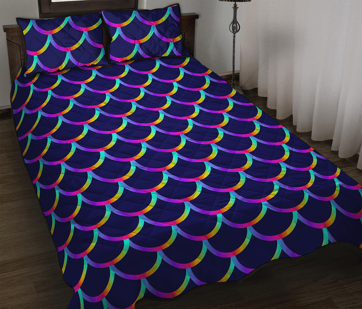 Mermaid Scales Pattern Print Quilt Bed Set