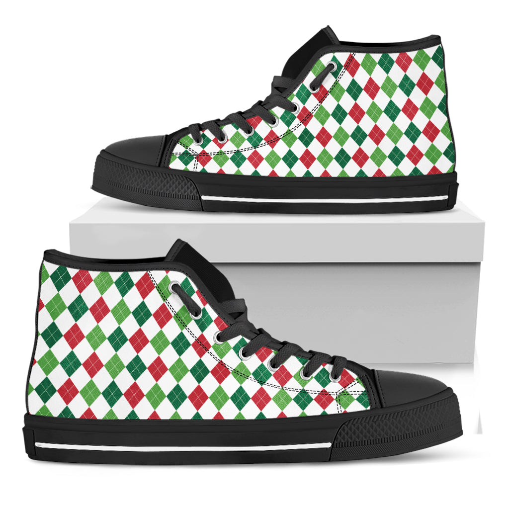 Merry Christmas Argyle Pattern Print Black High Top Shoes