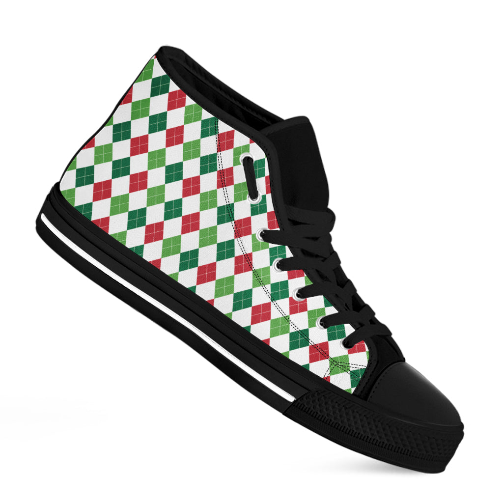 Merry Christmas Argyle Pattern Print Black High Top Shoes