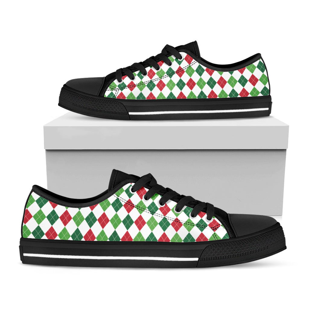 Merry Christmas Argyle Pattern Print Black Low Top Shoes
