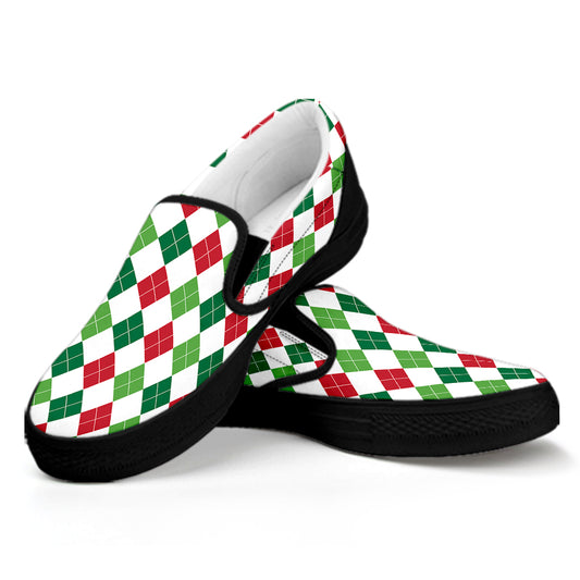 Merry Christmas Argyle Pattern Print Black Slip On Shoes