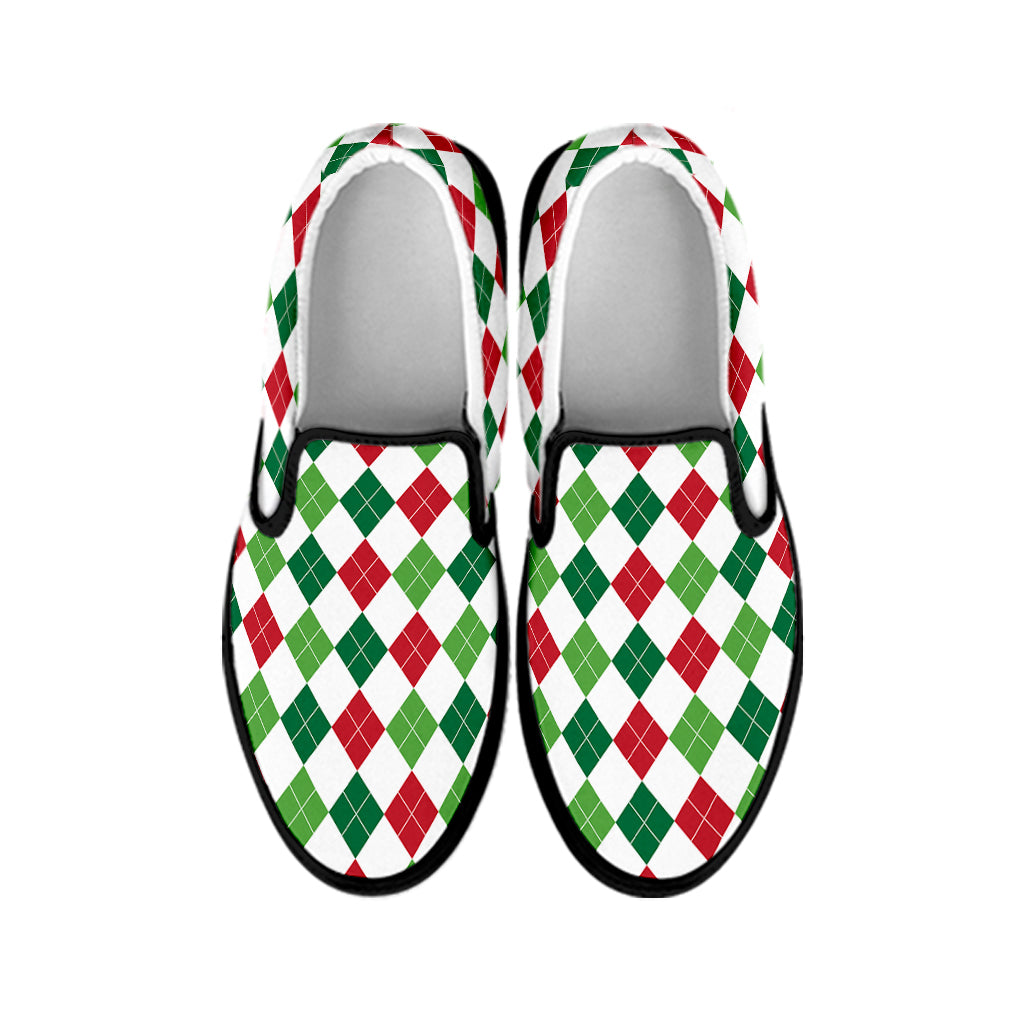 Merry Christmas Argyle Pattern Print Black Slip On Shoes