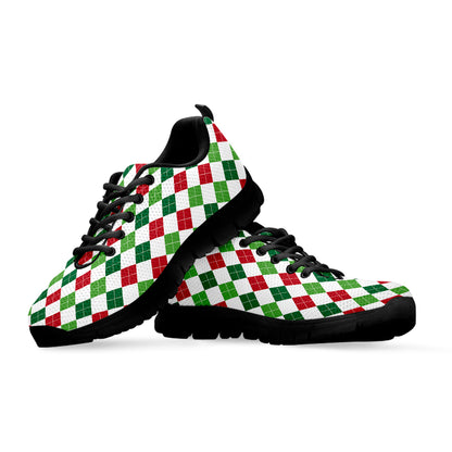 Merry Christmas Argyle Pattern Print Black Sneakers