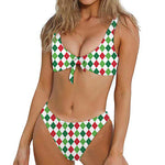 Merry Christmas Argyle Pattern Print Front Bow Tie Bikini