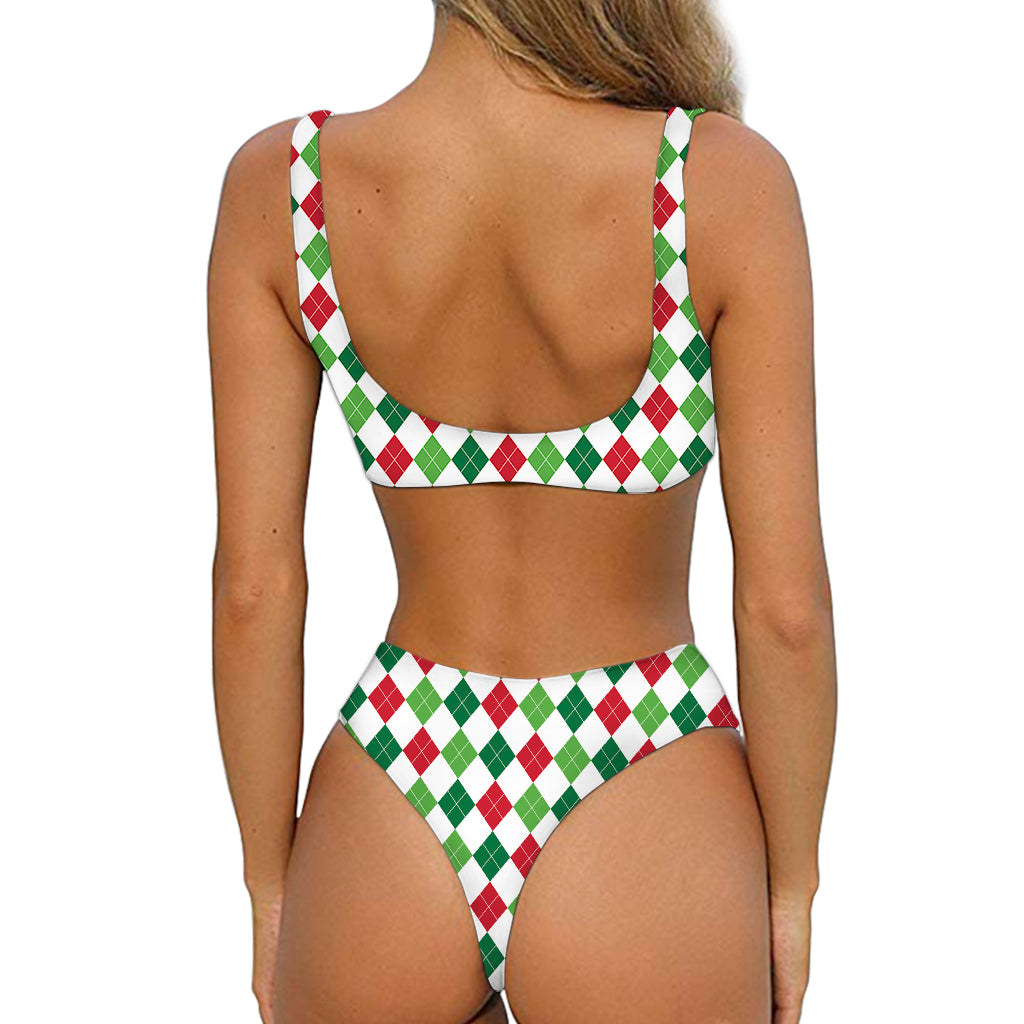 Merry Christmas Argyle Pattern Print Front Bow Tie Bikini