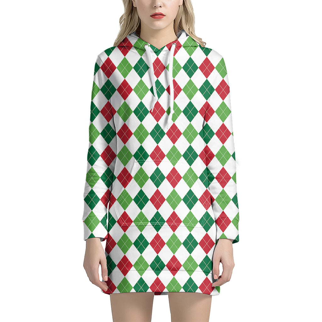 Merry Christmas Argyle Pattern Print Hoodie Dress