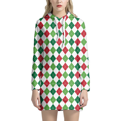 Merry Christmas Argyle Pattern Print Hoodie Dress