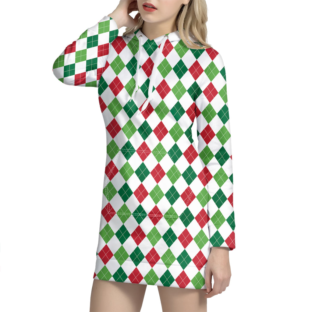 Merry Christmas Argyle Pattern Print Hoodie Dress
