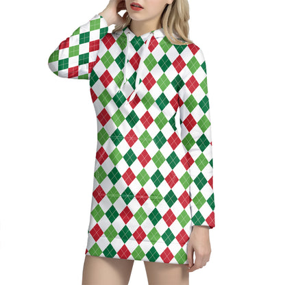 Merry Christmas Argyle Pattern Print Hoodie Dress