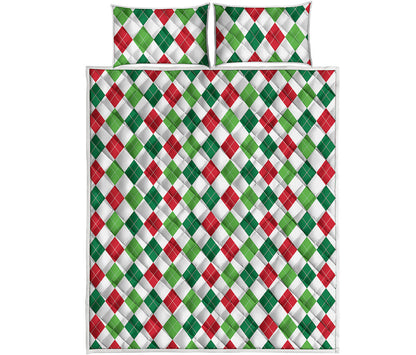 Merry Christmas Argyle Pattern Print Quilt Bed Set