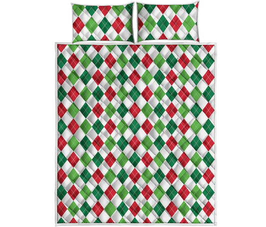 Merry Christmas Argyle Pattern Print Quilt Bed Set