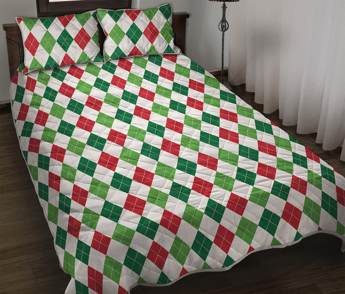 Merry Christmas Argyle Pattern Print Quilt Bed Set