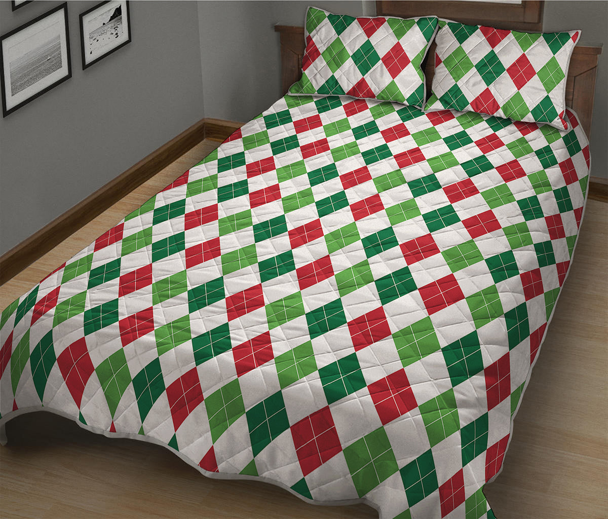 Merry Christmas Argyle Pattern Print Quilt Bed Set