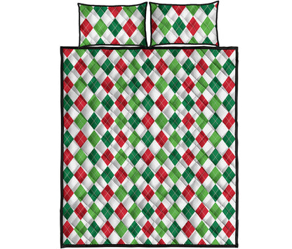 Merry Christmas Argyle Pattern Print Quilt Bed Set