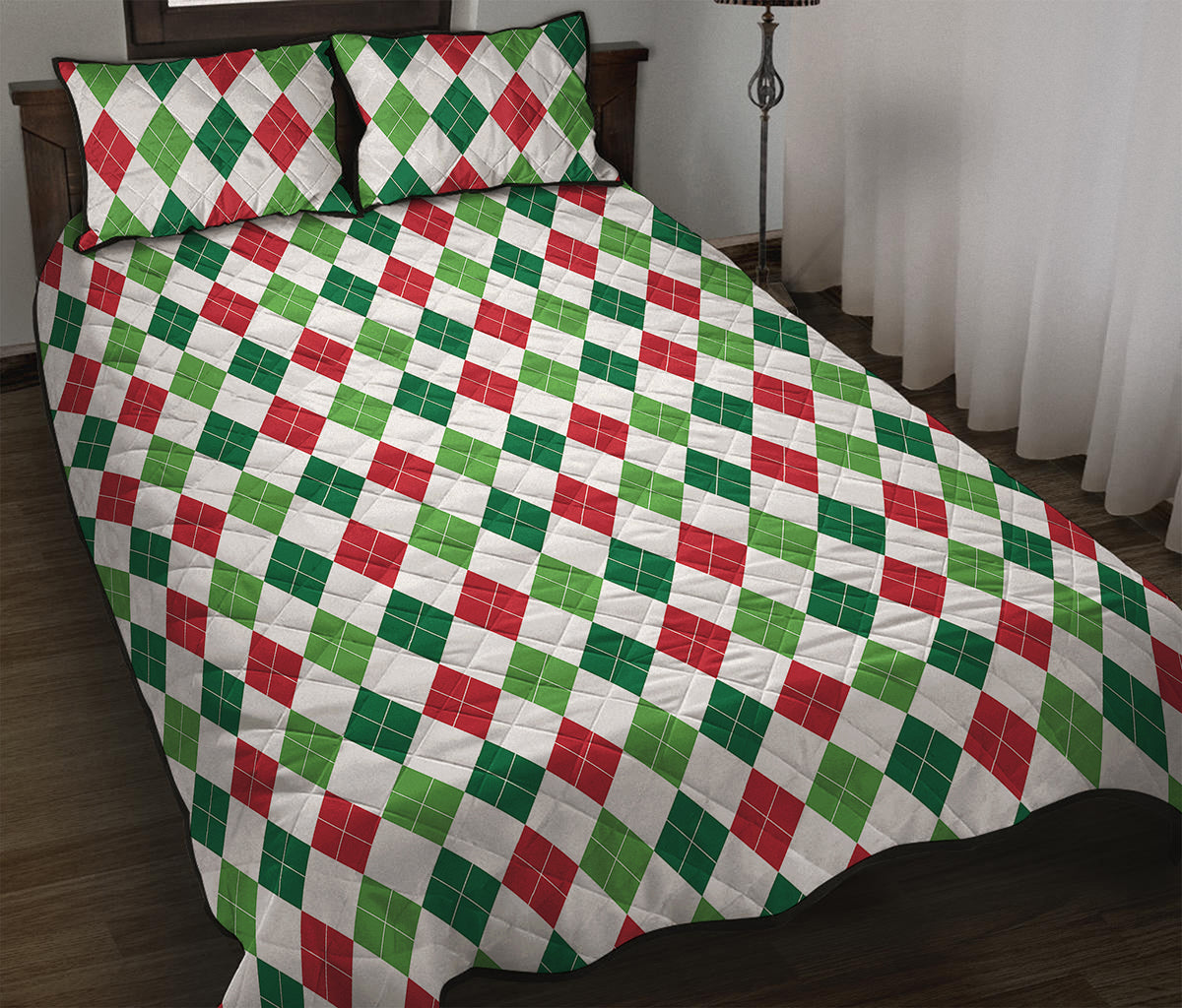 Merry Christmas Argyle Pattern Print Quilt Bed Set