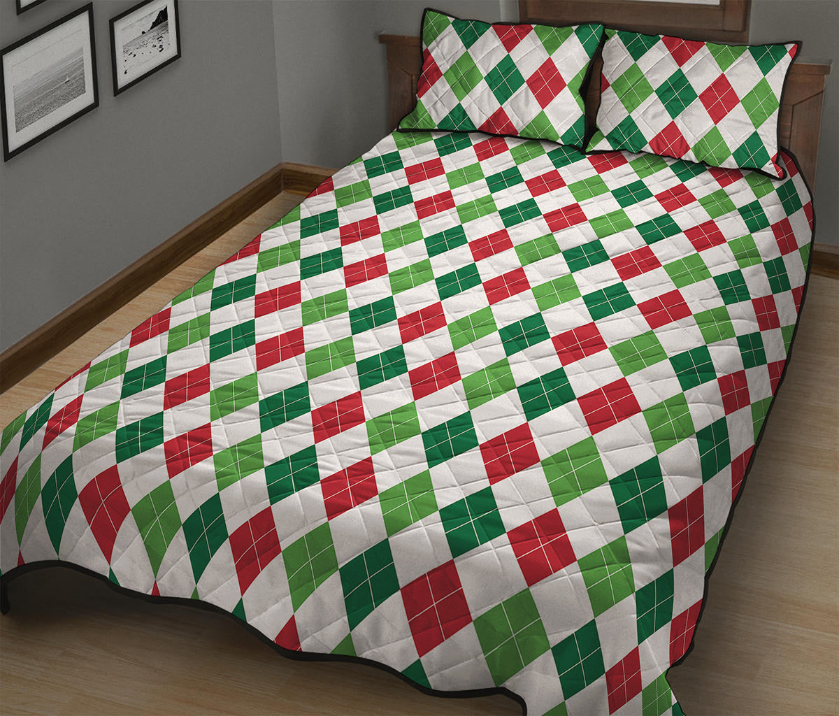 Merry Christmas Argyle Pattern Print Quilt Bed Set