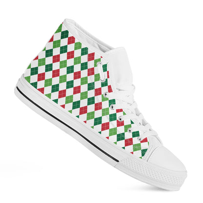 Merry Christmas Argyle Pattern Print White High Top Shoes