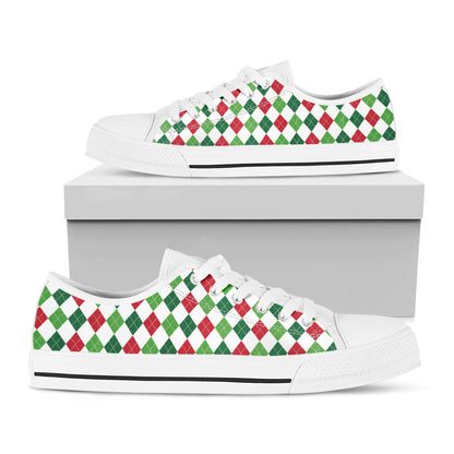 Merry Christmas Argyle Pattern Print White Low Top Shoes