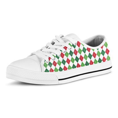 Merry Christmas Argyle Pattern Print White Low Top Shoes