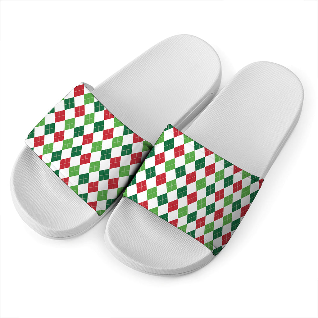 Merry Christmas Argyle Pattern Print White Slide Sandals