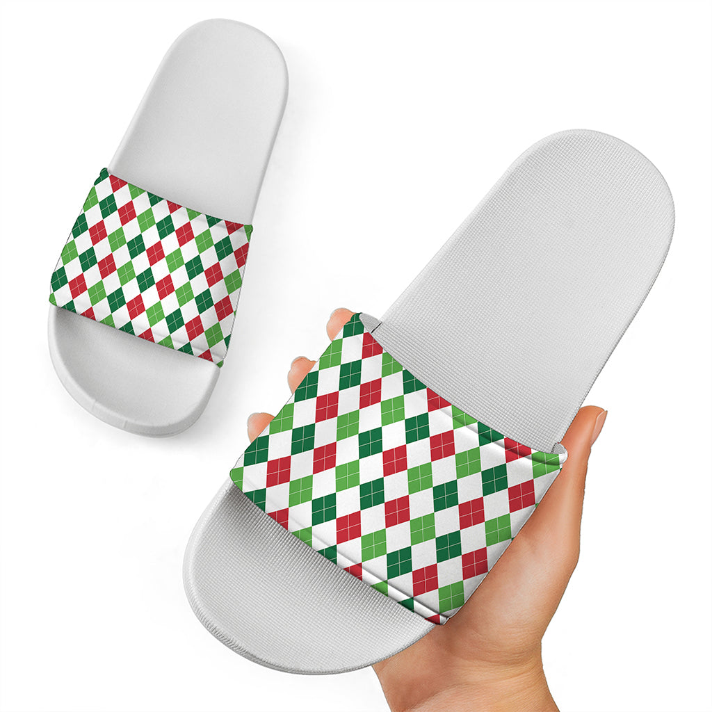 Merry Christmas Argyle Pattern Print White Slide Sandals