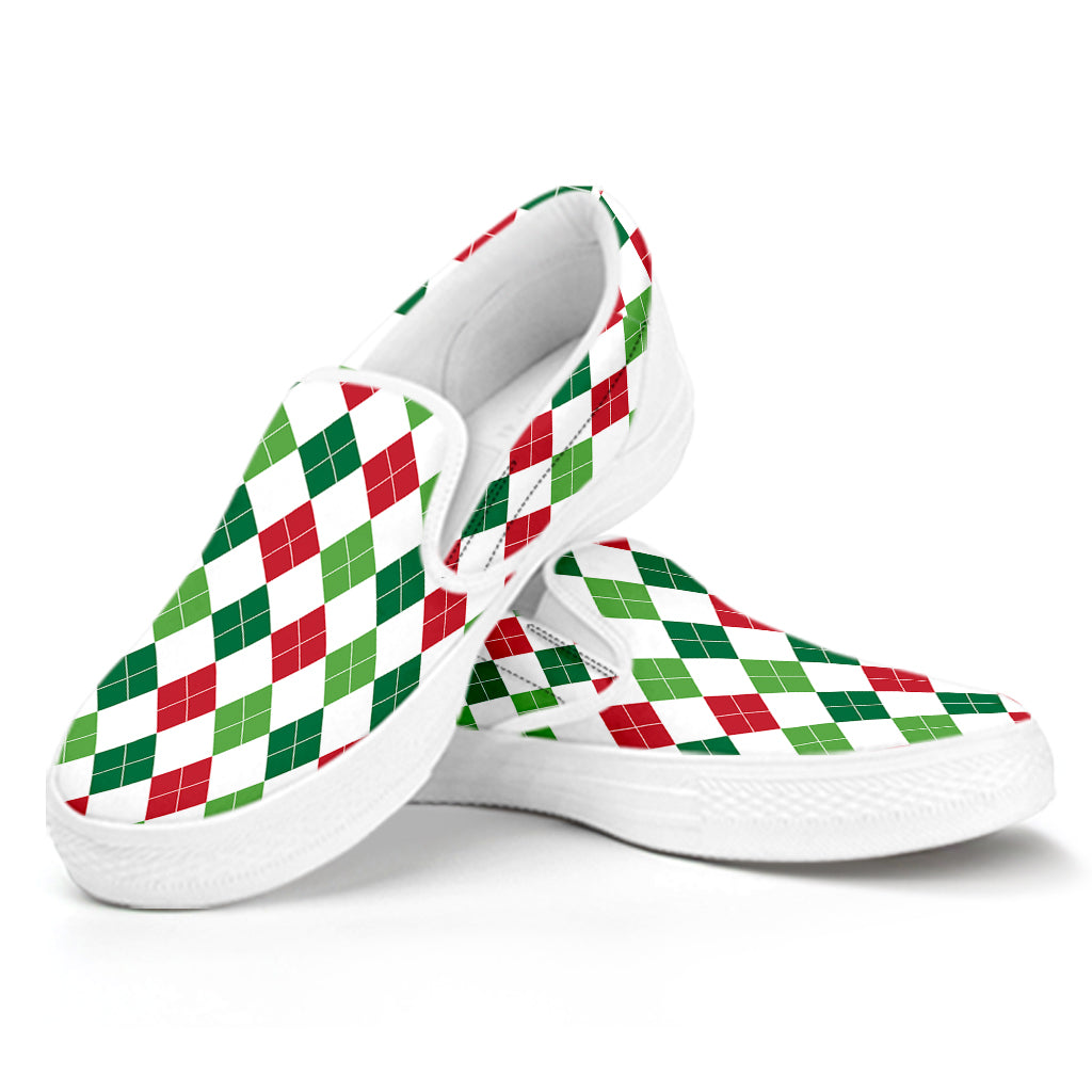 Merry Christmas Argyle Pattern Print White Slip On Shoes