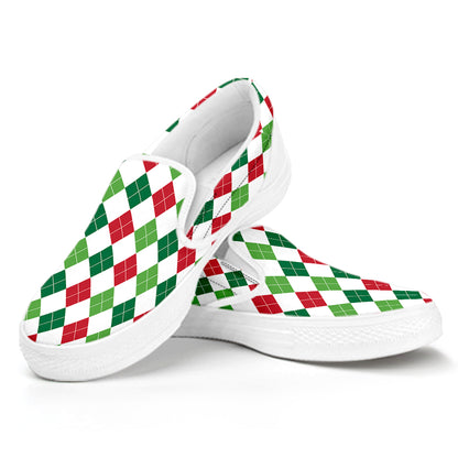 Merry Christmas Argyle Pattern Print White Slip On Shoes